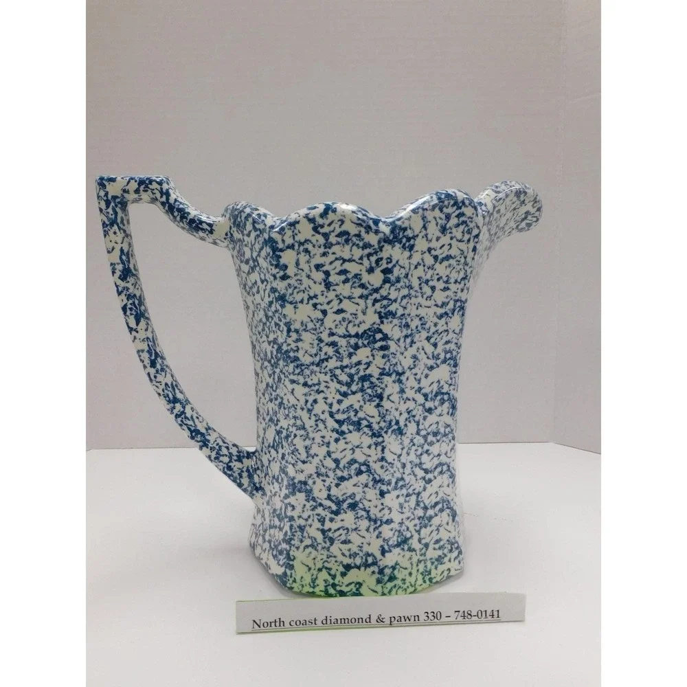 Vtg McCoy Blue and White Sponge Splatter ware Ceramic Pitcher Scalloped Edge DW8